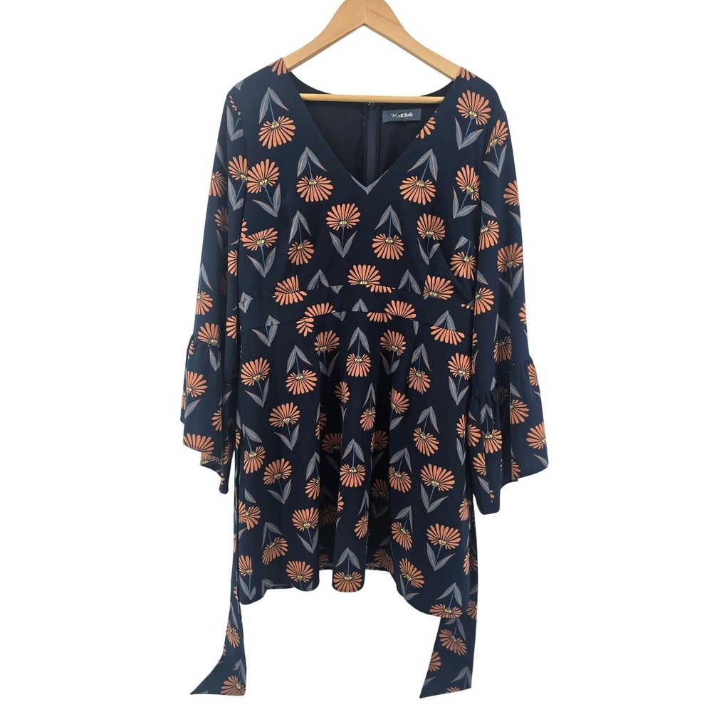 ModCloth Dress Womens‎ Navy Blue Orange Floral Bell Sleeve Retro Mini Dress
